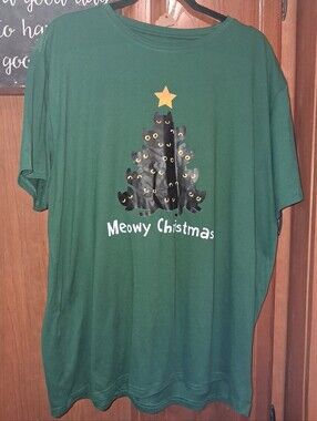 Green "Meowy Christmas" Cat Tree Graphic Tee Estimated 1X